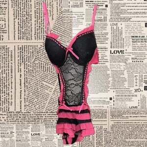 Y2K Sexy Little Things Black Lace Pink Ruffle Babydoll lingerie dress Pretty Lit
